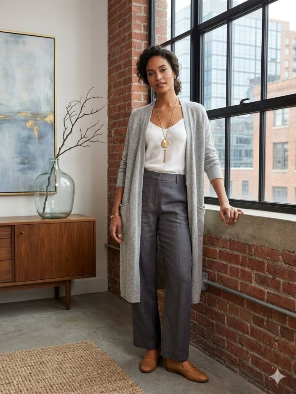 Eileen Fisher OS Grey Open Front Organic Cotton Tencel Longline Knit Cardigan